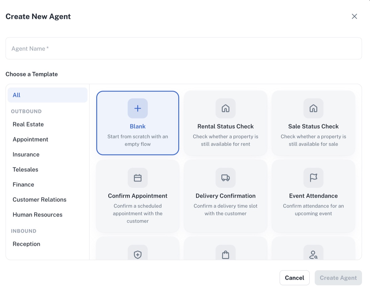 Creating a new agent in Gowajee: choose a blank flow or a template such as Confirm Appointment or Delivery Confirmation