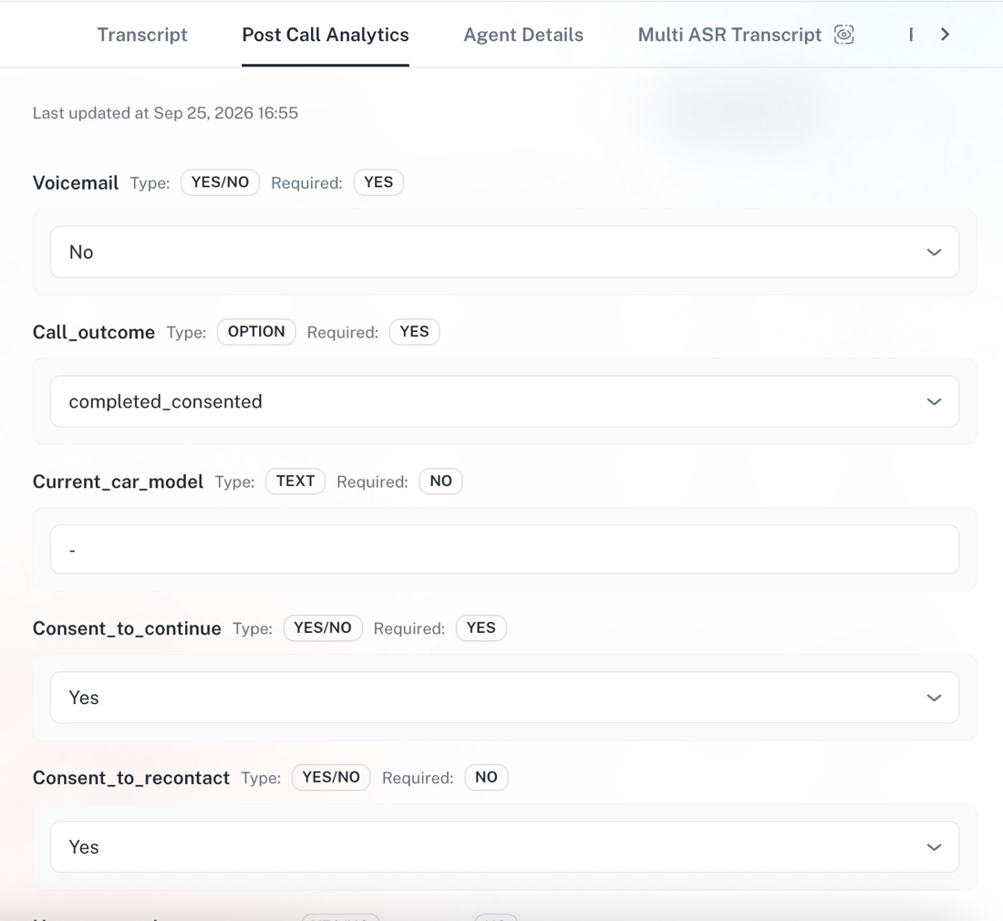 Gowajee post-call analytics: fields captured from each call, such as call outcome, voicemail and customer consent